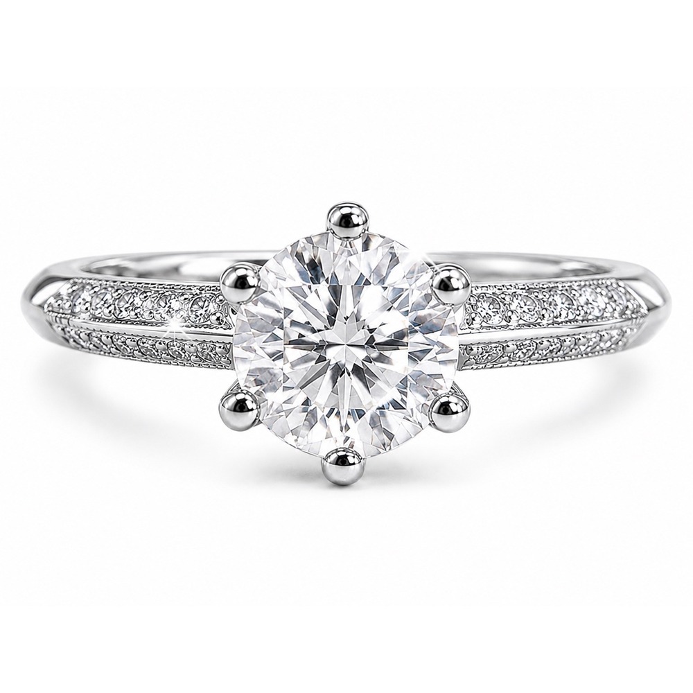 1.0ct Engagement Moissanite Certified Ring Pavé Accented Band 925 Silver sz8